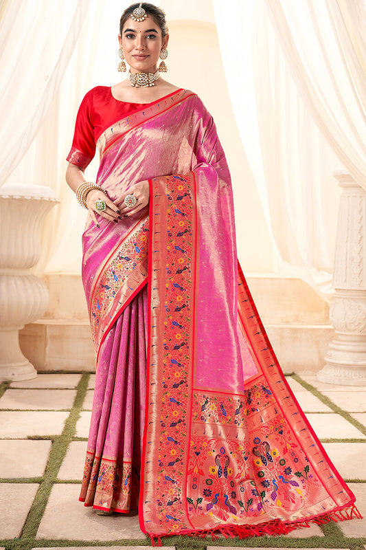Excellent Pink Paithani Silk Saree With Bucolic Blouse Piece