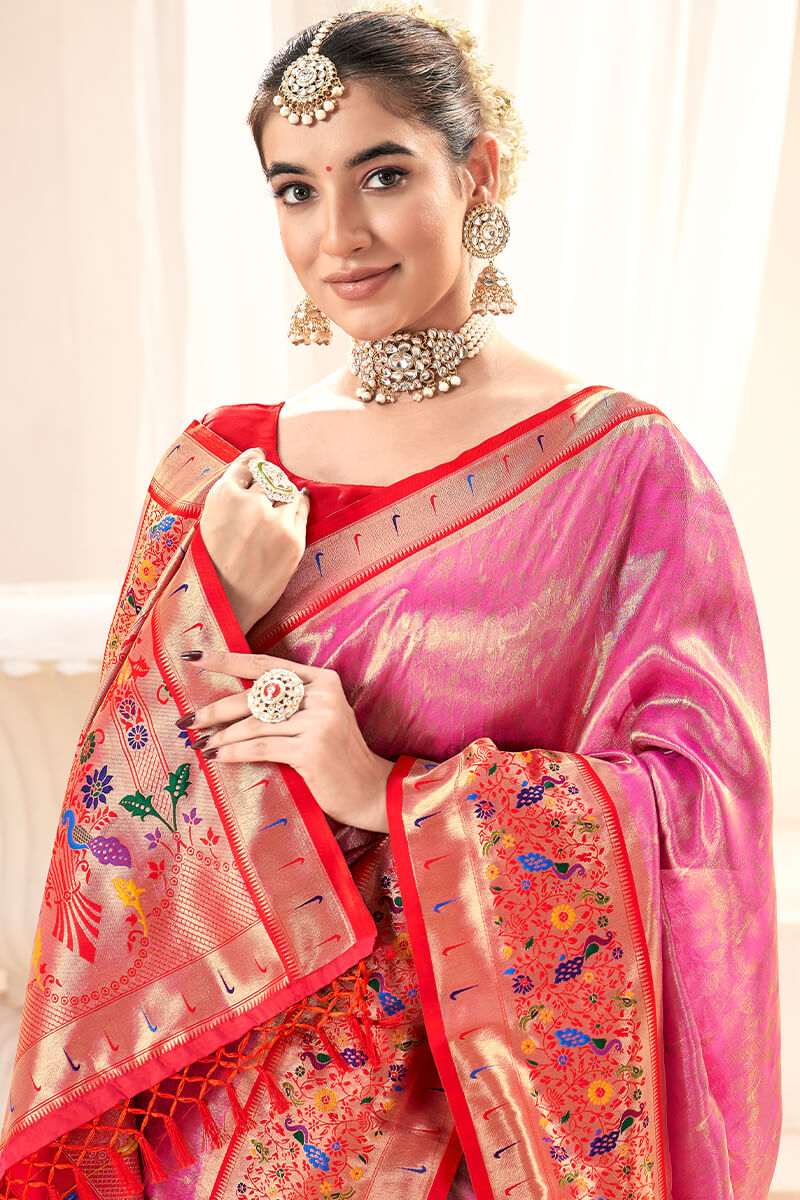 Excellent Pink Paithani Silk Saree With Bucolic Blouse Piece