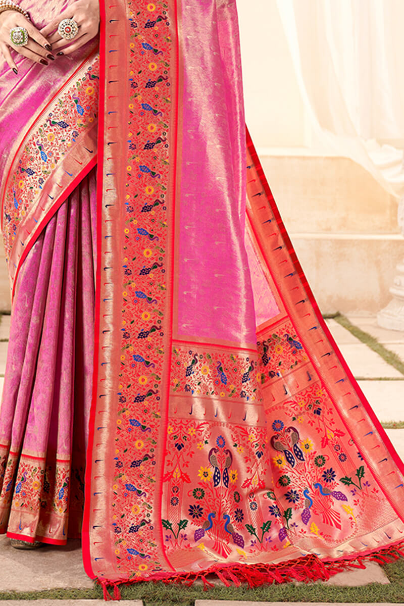 Excellent Pink Paithani Silk Saree With Bucolic Blouse Piece