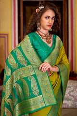 Quintessential Mustard Soft Banarasi Silk Saree With Lagniappe Blouse Piece