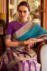 Intricate Firozi Soft Banarasi Silk Saree With Fairytale Blouse Piece