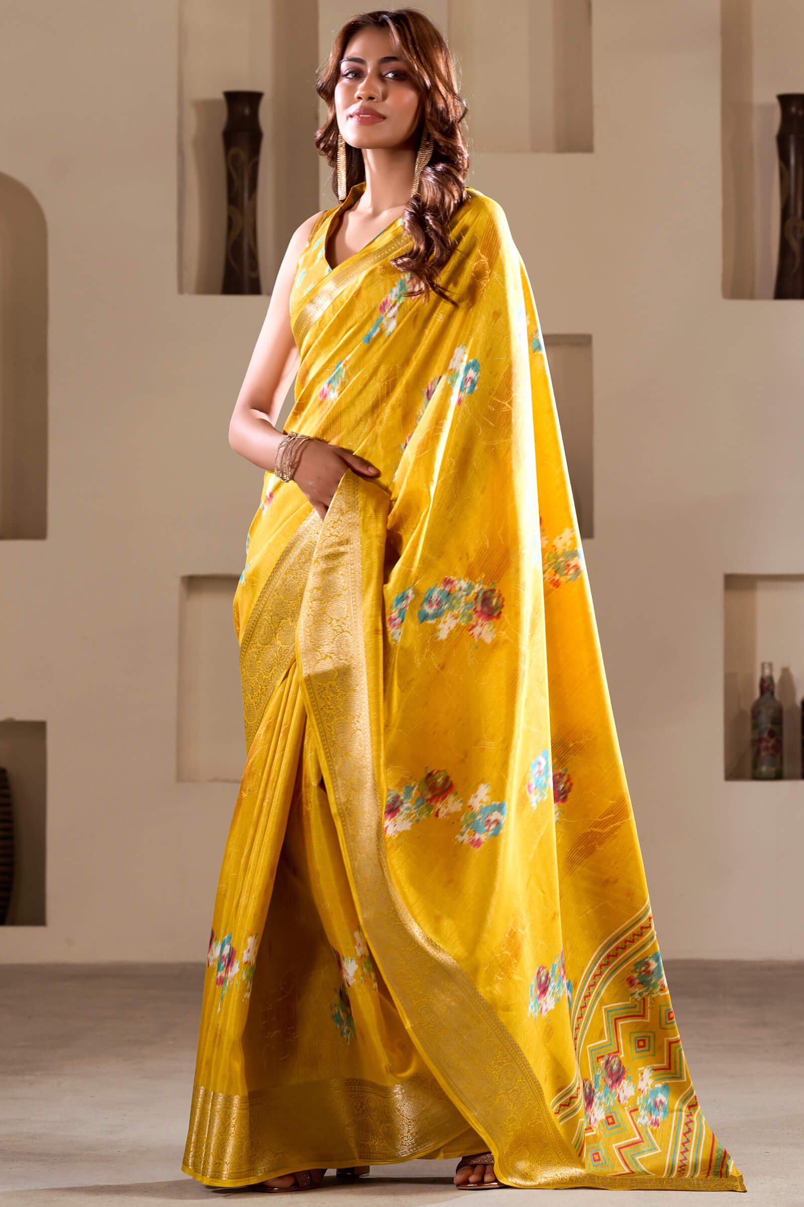 Stunner Yellow Digital Printed Dola Silk Saree With Luxuriant Blouse Piece