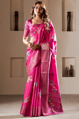 Fragrant Dark Pink Digital Printed Dola Silk Saree With Conflate Blouse Piece