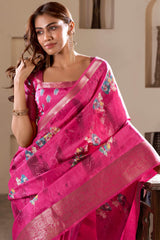 Fragrant Dark Pink Digital Printed Dola Silk Saree With Conflate Blouse Piece