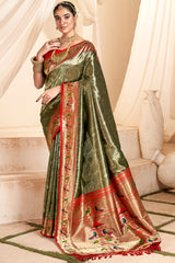 Enthralling Mehndi Paithani Silk Saree With Glittering Blouse Piece