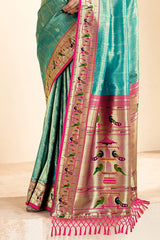 Exemplary Sea Green Paithani Silk Saree With Rhapsody Blouse Piece