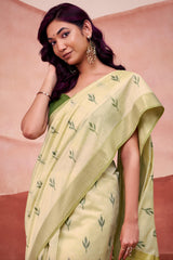Ailurophile Pista Cotton Silk Saree With Gratifying Blouse Piece