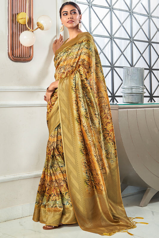 Groovy Golden Digital Printed Soft Silk Saree With Ineffable Blouse Piece