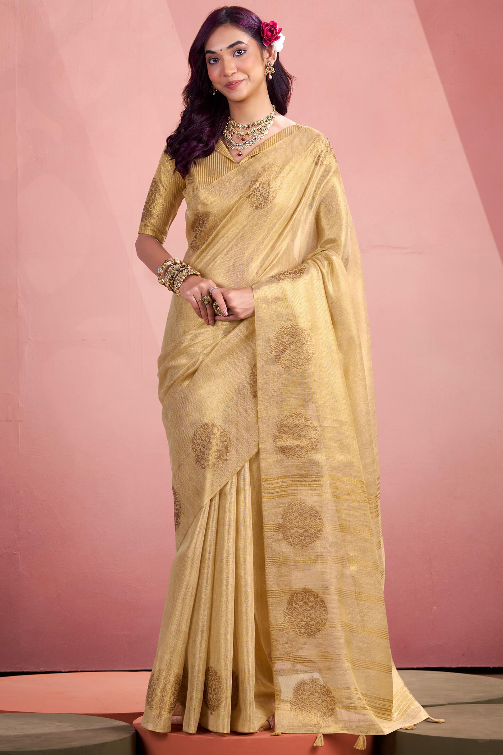 Adoring Beige Soft Banarasi Tissue Silk Saree With Girlish Blouse Piece