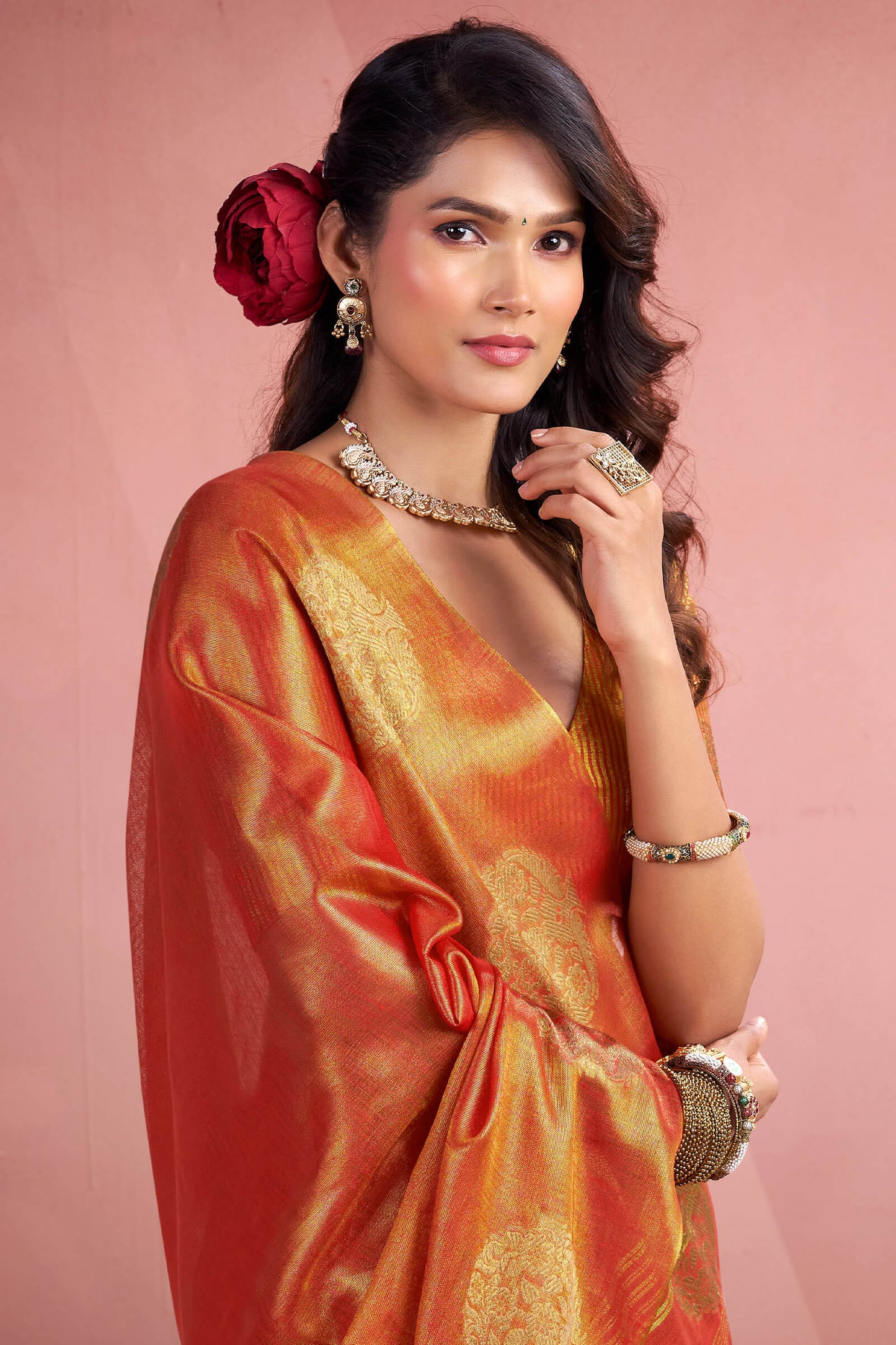 Aplomb Orange Soft Banarasi Tissue Silk Saree With Deserving Blouse Piece
