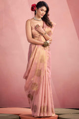 Glowing Pink Soft Banarasi Tissue Silk Saree With Artistic Blouse Piece