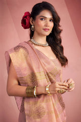 Glowing Pink Soft Banarasi Tissue Silk Saree With Artistic Blouse Piece