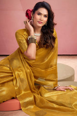 Sizzling Mustard Soft Banarasi Tissue Silk Saree With Delectable Blouse Piece