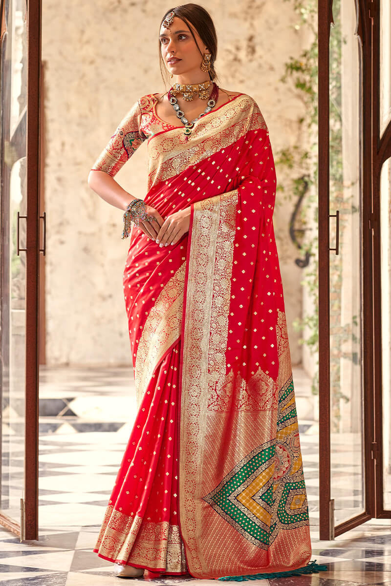 Ebullience Red Soft Banarasi Silk Saree With Unique Blouse Piece