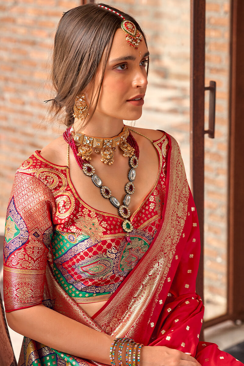 Ebullience Red Soft Banarasi Silk Saree With Unique Blouse Piece