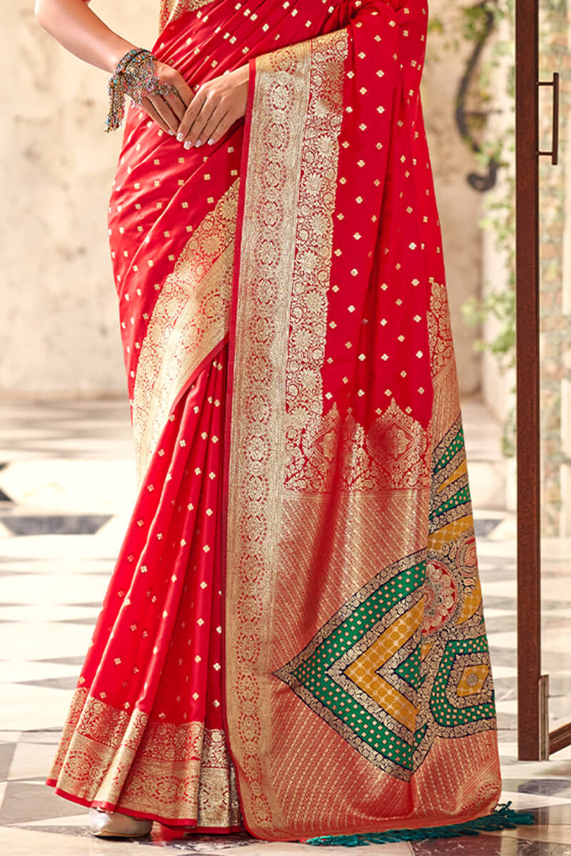 Ebullience Red Soft Banarasi Silk Saree With Unique Blouse Piece
