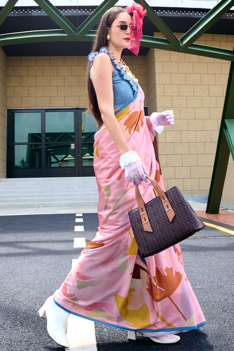 Classy Pink Digital Printed Satin Silk Saree With Skinny Blouse Piece