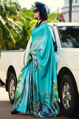 Jazzy Firozi Digital Printed Satin Silk Saree With Hypnotic Blouse Piece