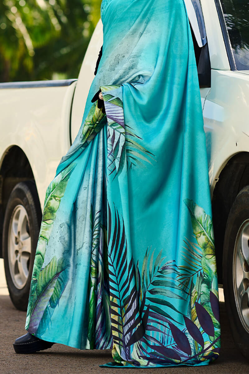 Jazzy Firozi Digital Printed Satin Silk Saree With Hypnotic Blouse Piece
