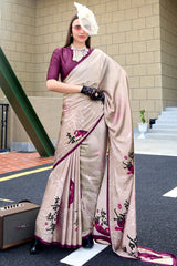 Flamboyant Beige Digital Printed Satin Silk Saree With Inspiring Blouse Piece