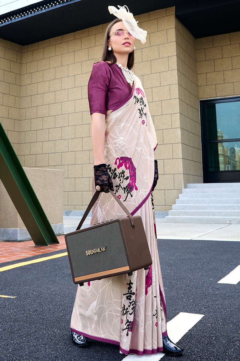 Flamboyant Beige Digital Printed Satin Silk Saree With Inspiring Blouse Piece