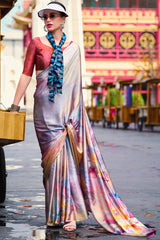 Beauteous Grey Digital Printed Satin Silk Saree With Demesne Blouse Piece
