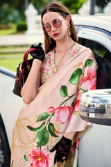 Sempiternal Beige Digital Printed Satin Silk Saree With Confounding Blouse Piece