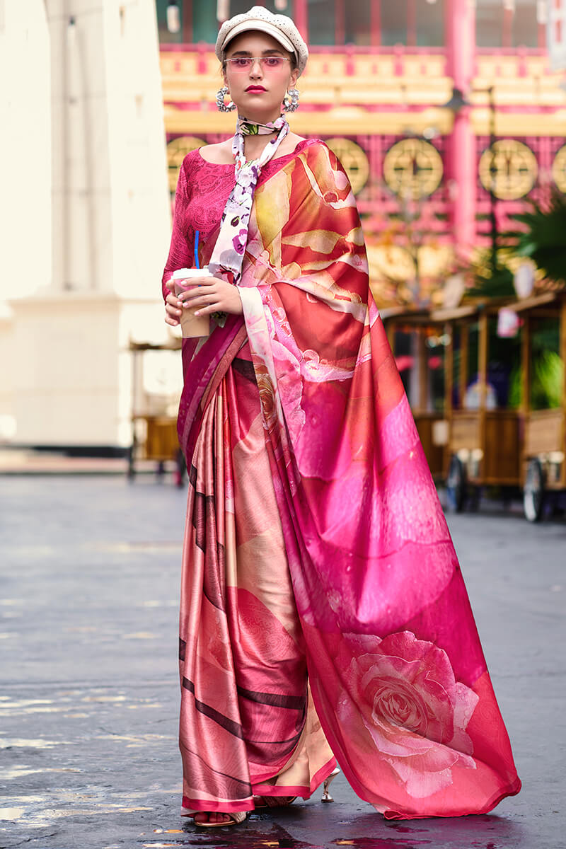 Blooming Dark Pink Digital Printed Satin Silk Saree With Hypnotic Blouse Piece