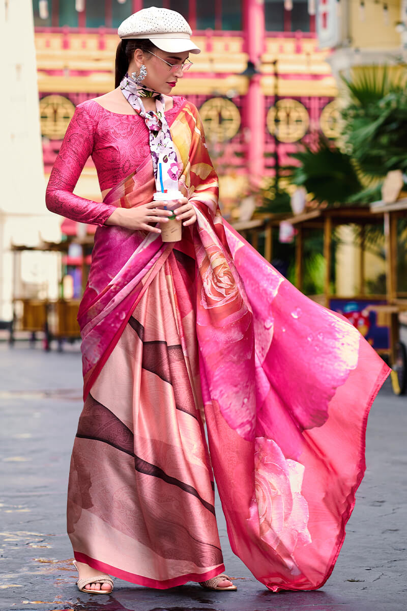 Blooming Dark Pink Digital Printed Satin Silk Saree With Hypnotic Blouse Piece