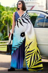 Evocative Yellow and Blue Digital Printed Satin Silk Saree With Susurrous Blouse Piece