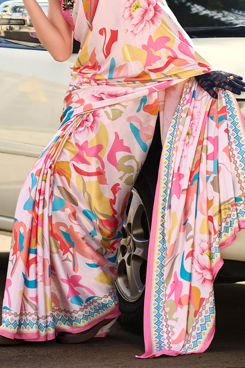 Confounding Baby Pink Digital Printed Satin Silk Saree With Felicitous Blouse Piece