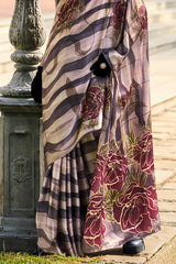 Splendorous Black and Beige Digital Printed Satin Silk Saree With Resplendent Blouse Piece