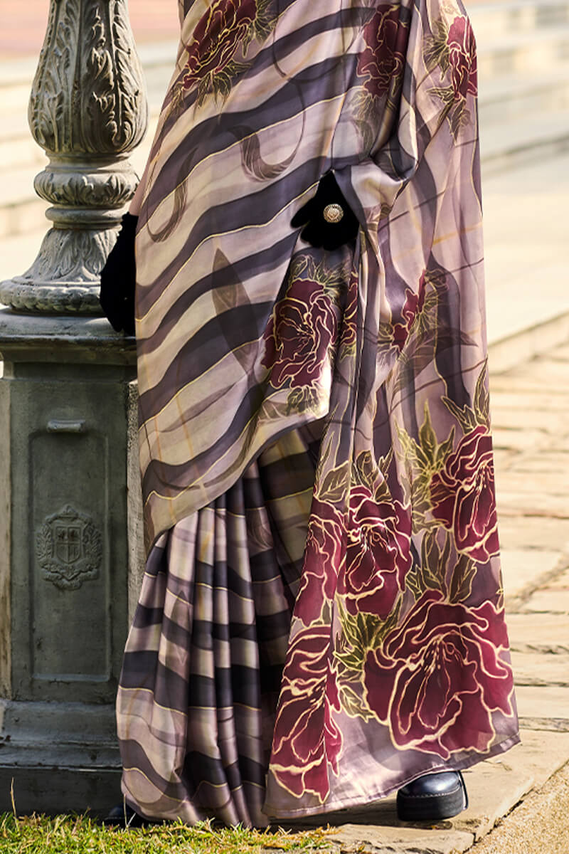 Splendorous Black and Beige Digital Printed Satin Silk Saree With Resplendent Blouse Piece
