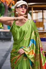 Alluring Mehndi Digital Printed Satin Silk Saree With Rhapsody Blouse Piece