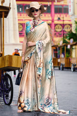Enamoring Beige Digital Printed Satin Silk Saree With Resonant Blouse Piece