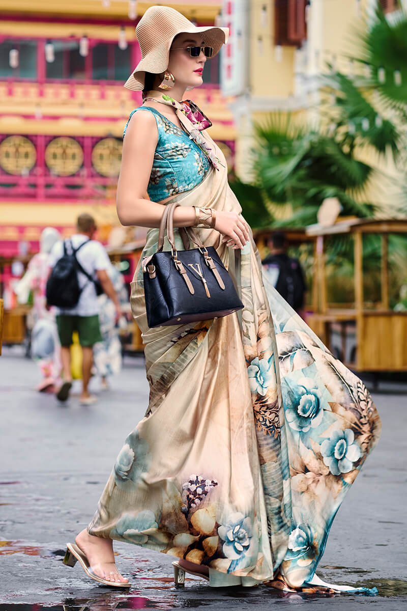 Enamoring Beige Digital Printed Satin Silk Saree With Resonant Blouse Piece