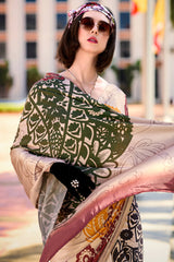 Energetic Beige Digital Printed Satin Silk Saree With Skinny Blouse Piece