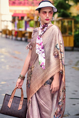 Charming Dark Beige Digital Printed Satin Silk Saree With Smart Blouse Piece