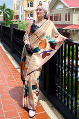 Excellent Beige Digital Printed Satin Silk Saree With Effervescent Blouse Piece