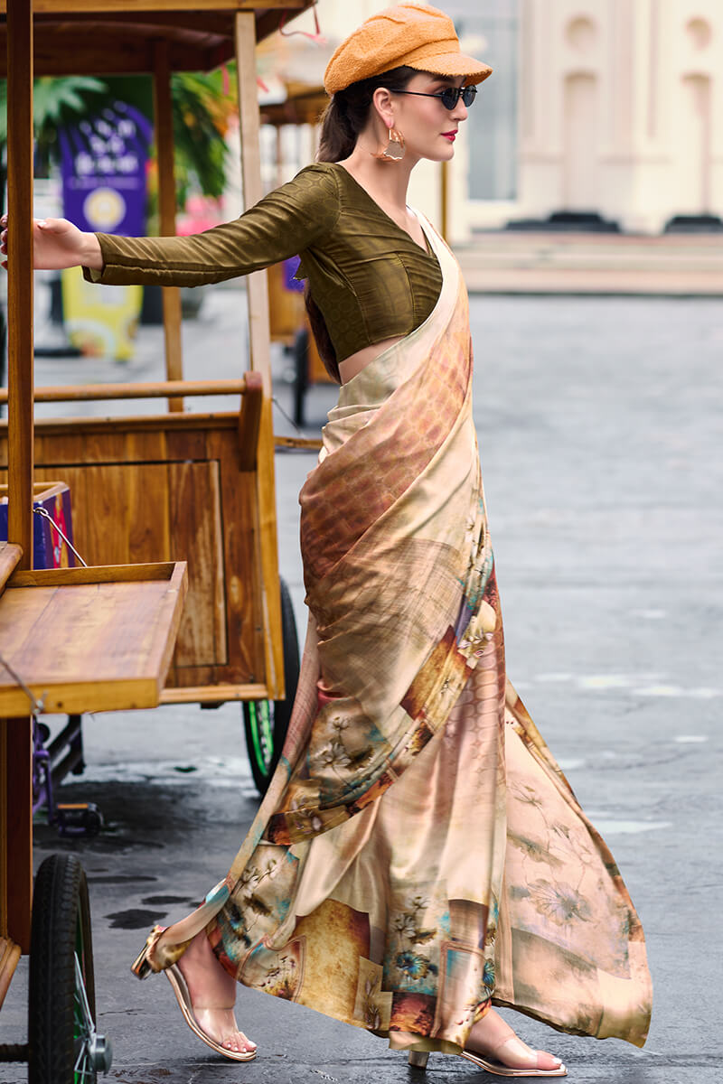 Profuse Beige and Brown Digital Printed Satin Silk Saree With Elaborate Blouse Piece