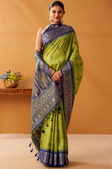 Lassitude Green Pure Zari Weaving Banarasi Silk Saree With Improbable Blouse Piece
