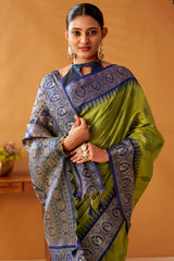 Lassitude Green Pure Zari Weaving Banarasi Silk Saree With Improbable Blouse Piece