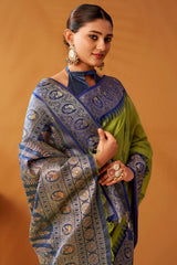 Lassitude Green Pure Zari Weaving Banarasi Silk Saree With Improbable Blouse Piece