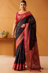 Comely Black Pure Zari Weaving Banarasi Silk Saree With Charming Blouse Piece