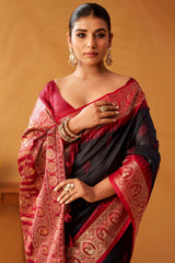 Comely Black Pure Zari Weaving Banarasi Silk Saree With Charming Blouse Piece