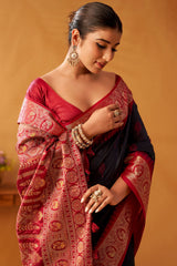 Comely Black Pure Zari Weaving Banarasi Silk Saree With Charming Blouse Piece