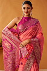 Dulcet Pink Pure Zari Weaving Banarasi Silk Saree With Quixotic Blouse Piece