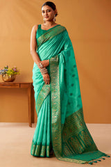 Deserving Turquoise Pure Zari Weaving Banarasi Silk Saree With Forbearance Blouse Piece