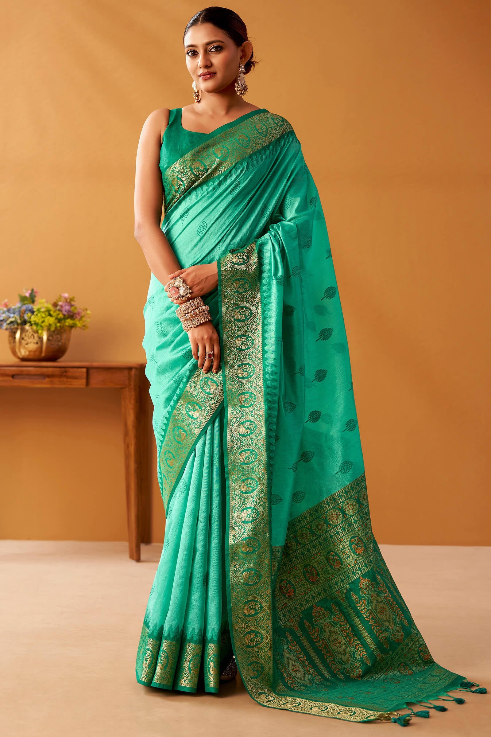 Deserving Turquoise Pure Zari Weaving Banarasi Silk Saree With Forbearance Blouse Piece