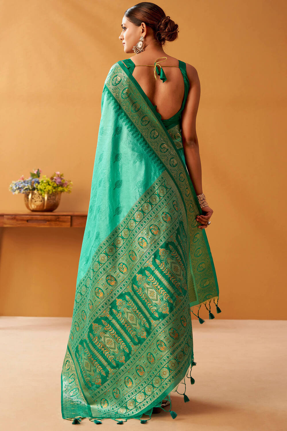 Deserving Turquoise Pure Zari Weaving Banarasi Silk Saree With Forbearance Blouse Piece